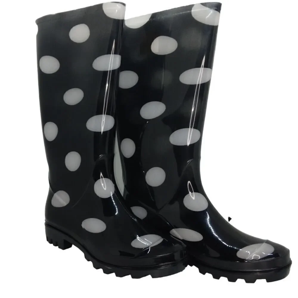 Arizona Jean Co. Womens Pre-owned Shiney Black w/Gray Dots Rain Boots - sz. 6M